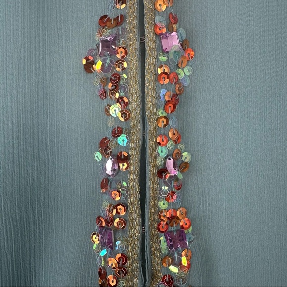 Mix it Petite Women’s Top Size Large Green Sheer Embroidered Sequin Maximalist - Picture 5 of 10